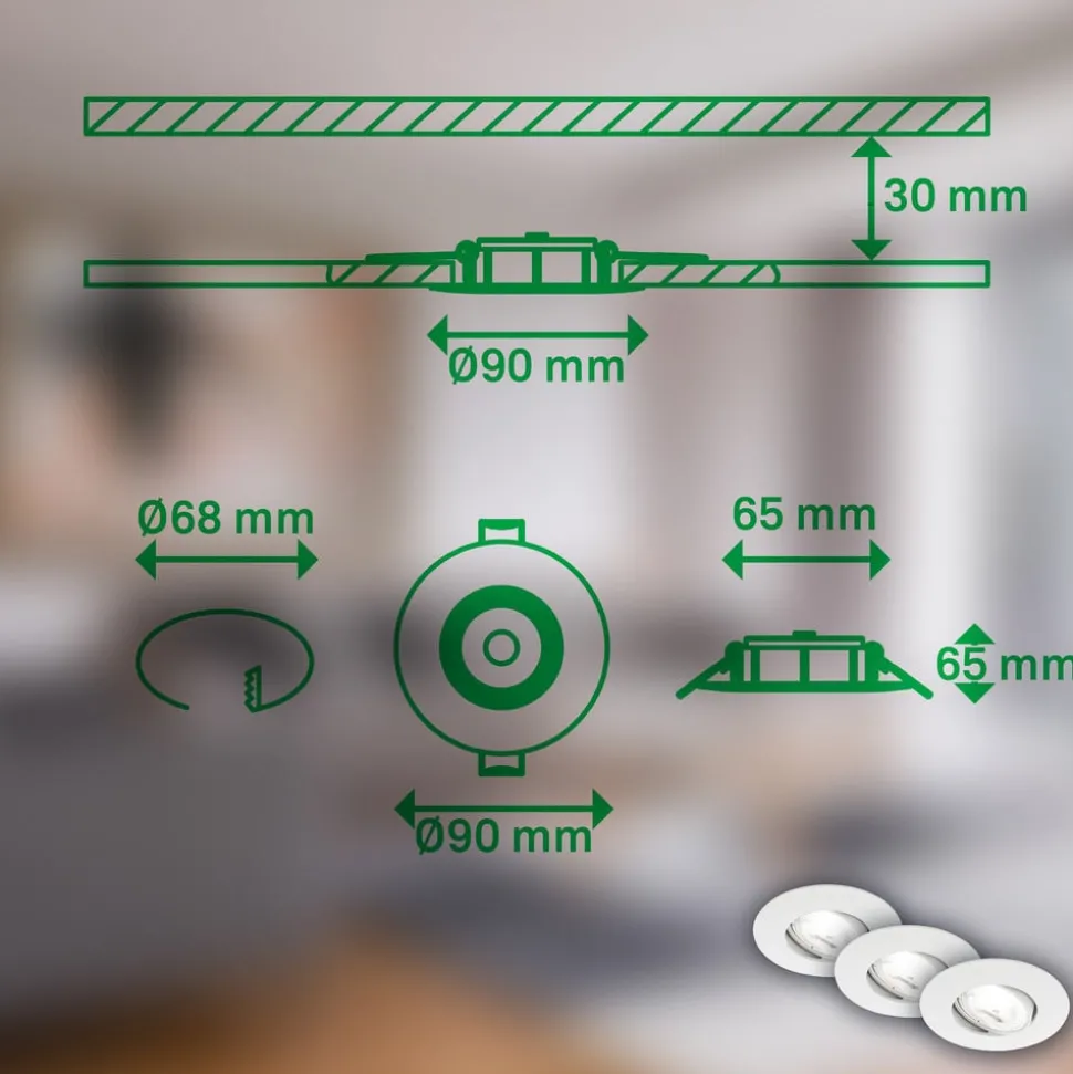 Kulana A innfellingslampe, hvit, 4000K, Ø9cm, sett med 3 stk