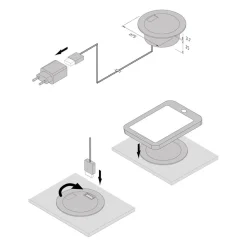 Ladestikkontakt, rund, svart, Qi og 1 USB