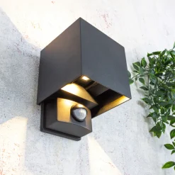 LED utendørs vegglampe Dubai, antrasitt, bredde 10 cm, sensor