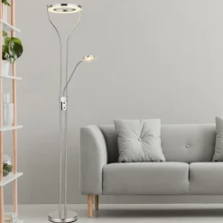 LED-gulvlampe Ebro, høyde 194 cm, nikkelfarget, 2-lys.