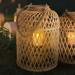 LED-solcellelyktkurv, bambus, høyde 38 cm, natur