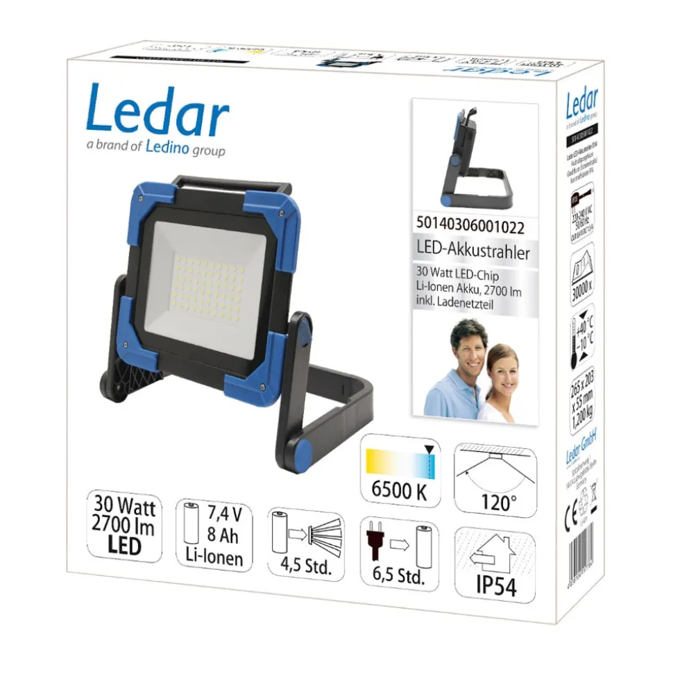 LED-spot m batteri Ledar, 30 W, 2 700 K