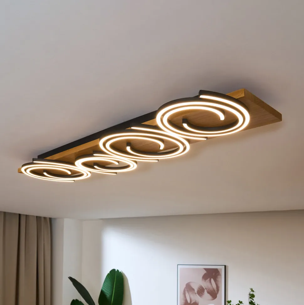 LED-taklampe Rifia, brun, 115 cm, 4 lyskilder, tre, dimbar