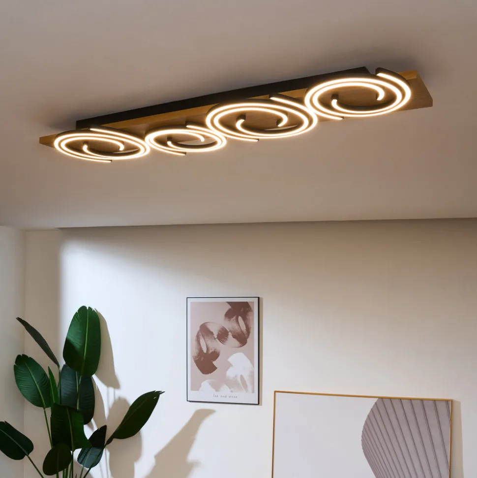 LED-taklampe Rifia, brun, 115 cm, 4 lyskilder, tre, dimbar