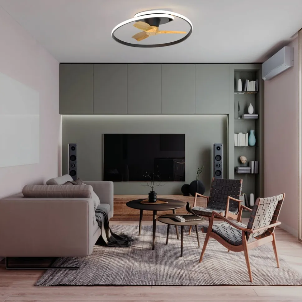 LED-takvifte Ocean svart/tre DC stille Ø 78 cm CCT