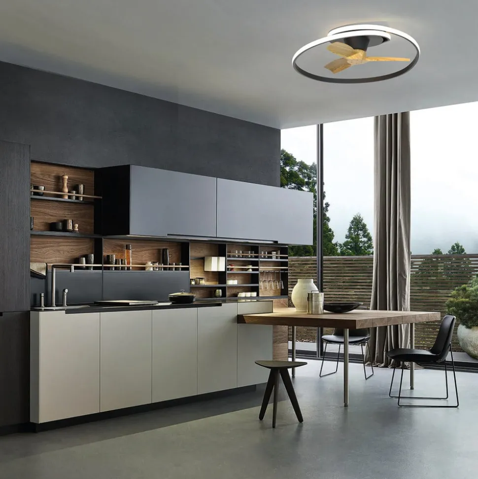 LED-takvifte Ocean svart/tre DC stille Ø 78 cm CCT