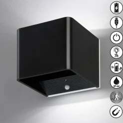 LED-vegglampe Magnetics, svart, USB, bevegelsessensor