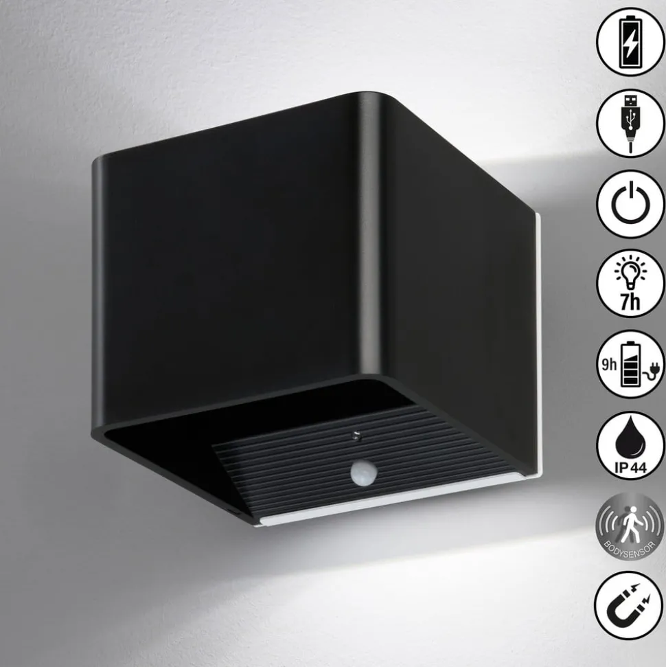 LED-vegglampe Magnetics, svart, USB, bevegelsessensor