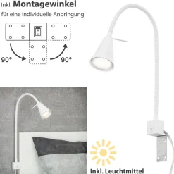 LED-vegglampe Tuso, hvit, sengemontering, metall