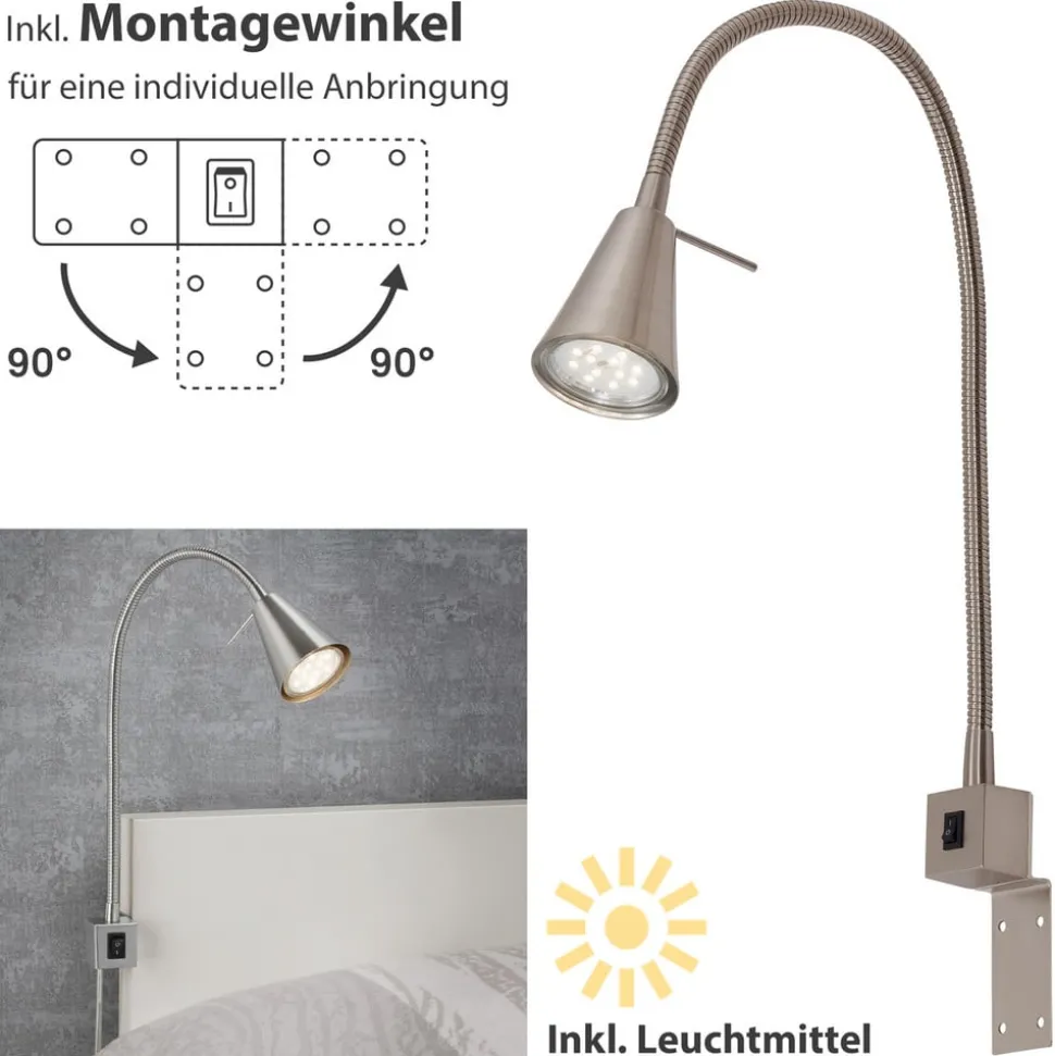 LED-vegglampe Tuso, nikkel, montering på seng, metall