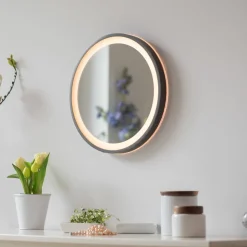 LED-veggspeil VIDRO, grå, Ø 36 cm, powerbank, bryter