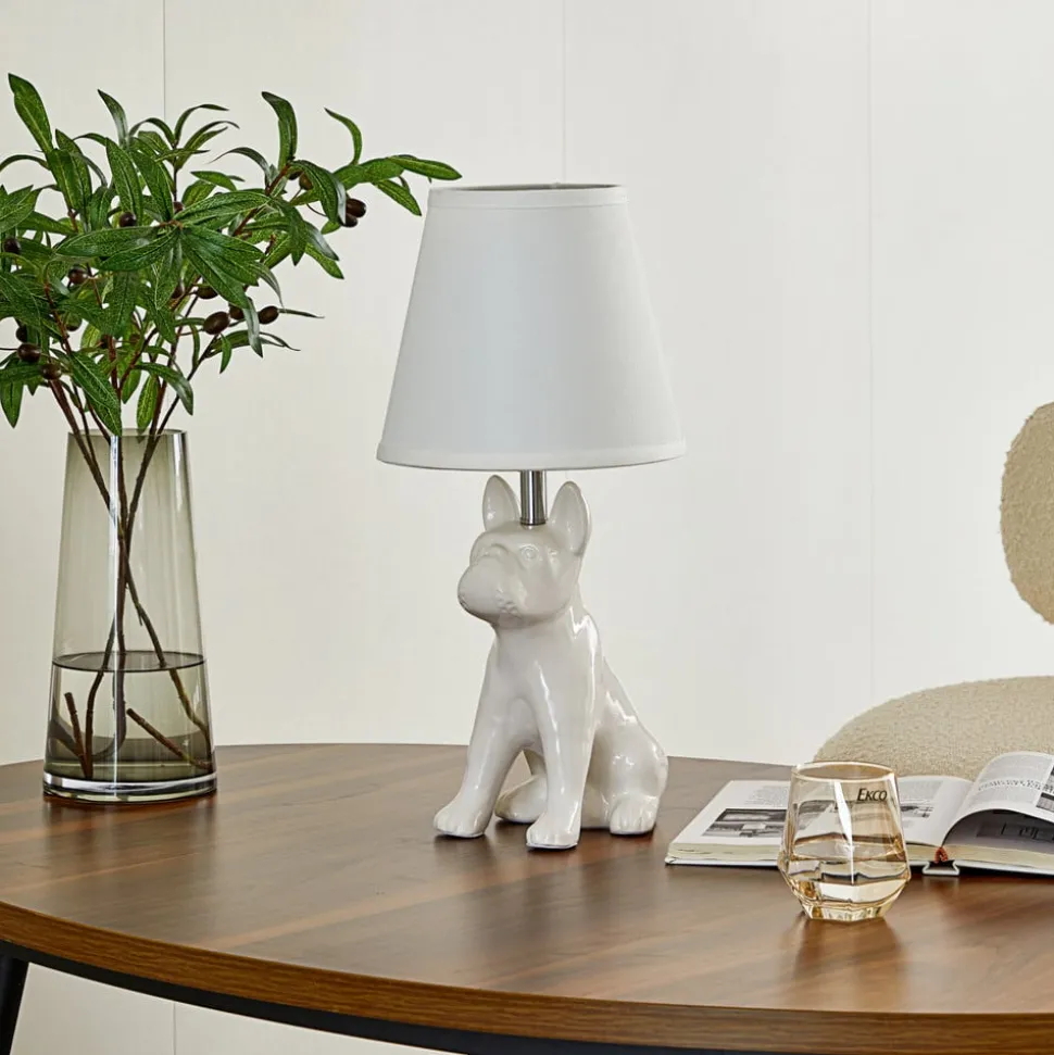 Lindby bordlampe Herry, hvit, keramikk, hund, 46,5 cm høy