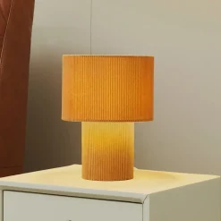 Lindby bordlampe Jone, lysebrun, tekstil, 30 cm høy, E27