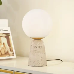 Lindby bordlampe Kirstan, beige, hvit, glass, stein, 33 cm