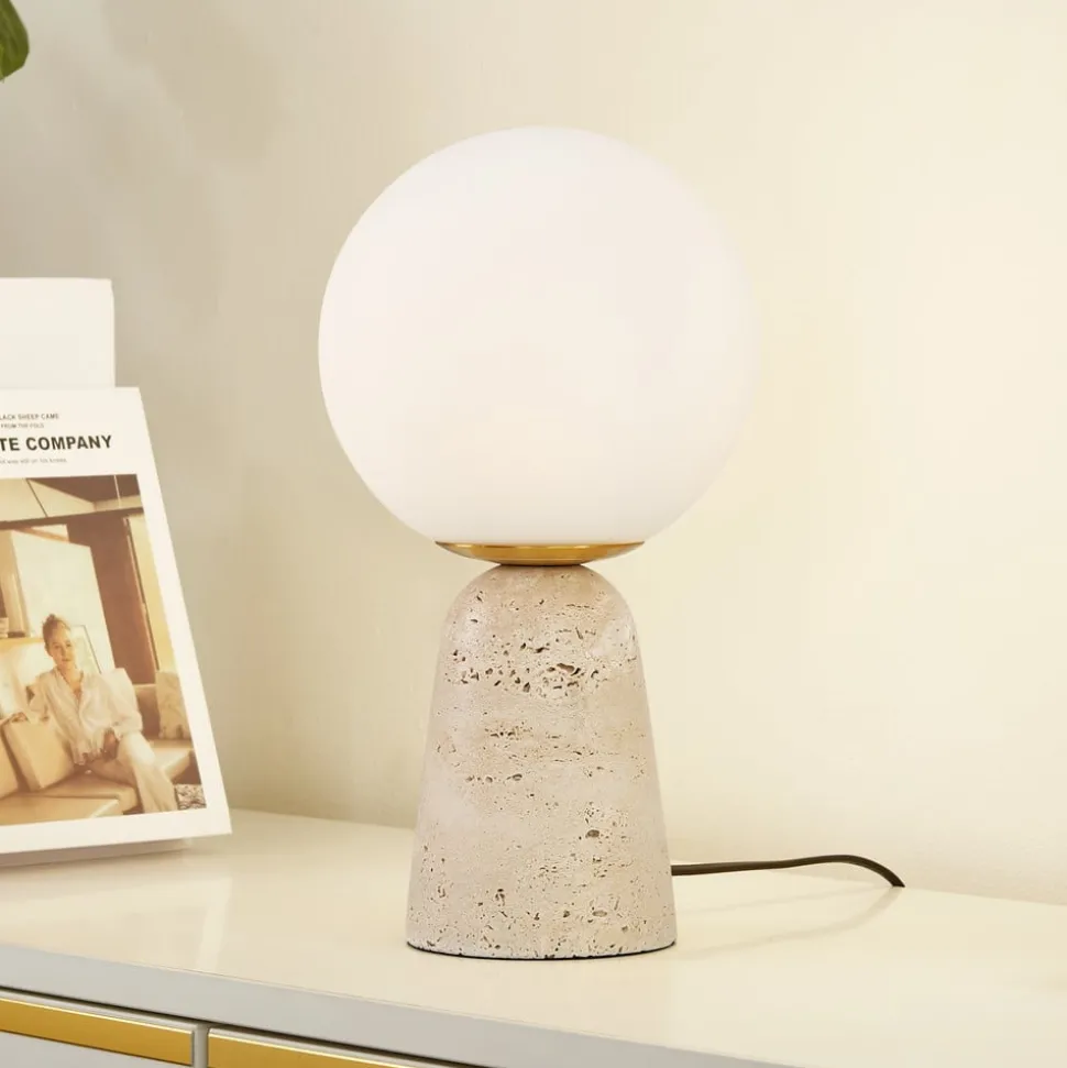 Lindby bordlampe Kirstan, beige, hvit, glass, stein, 33 cm