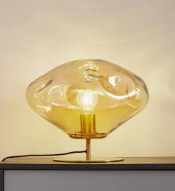 Lindby bordlampe Lelia, ravfarget, glass, metall, Ø 35 cm