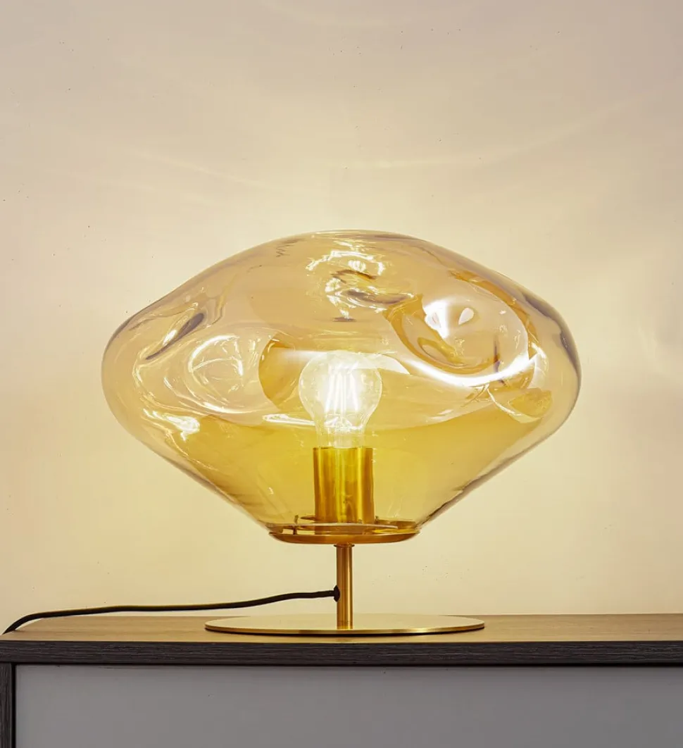 Lindby bordlampe Lelia, ravfarget, glass, metall, Ø 35 cm