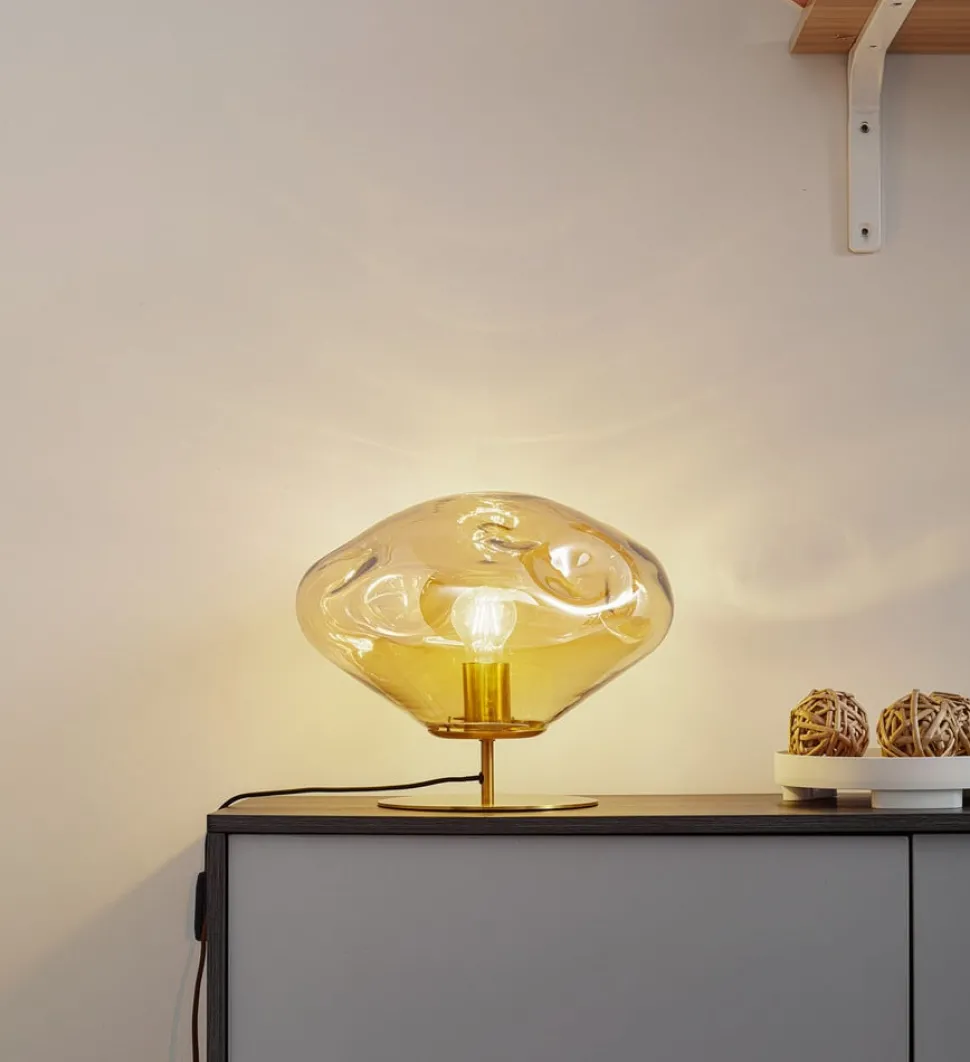 Lindby bordlampe Lelia, ravfarget, glass, metall, Ø 35 cm