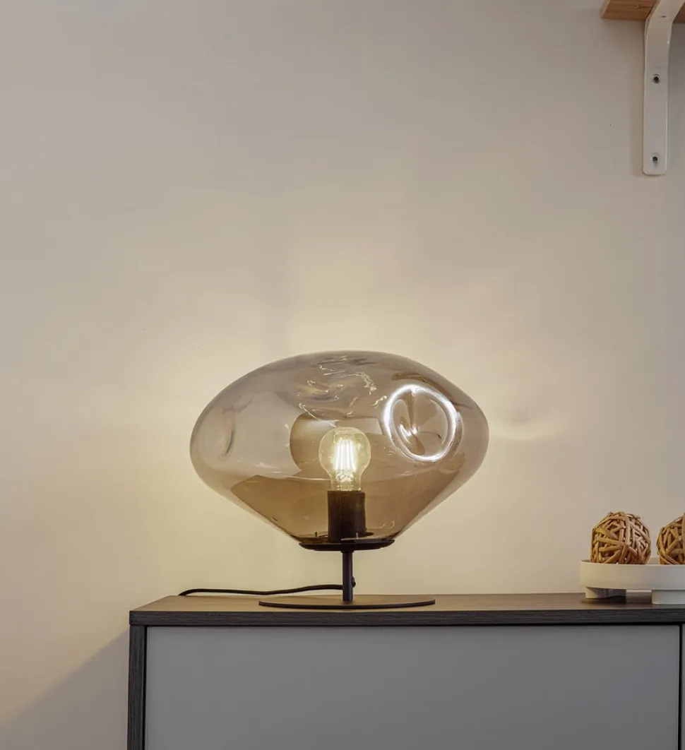 Lindby bordlampe Lelia, røykgrå, glass, metall, Ø 35 cm