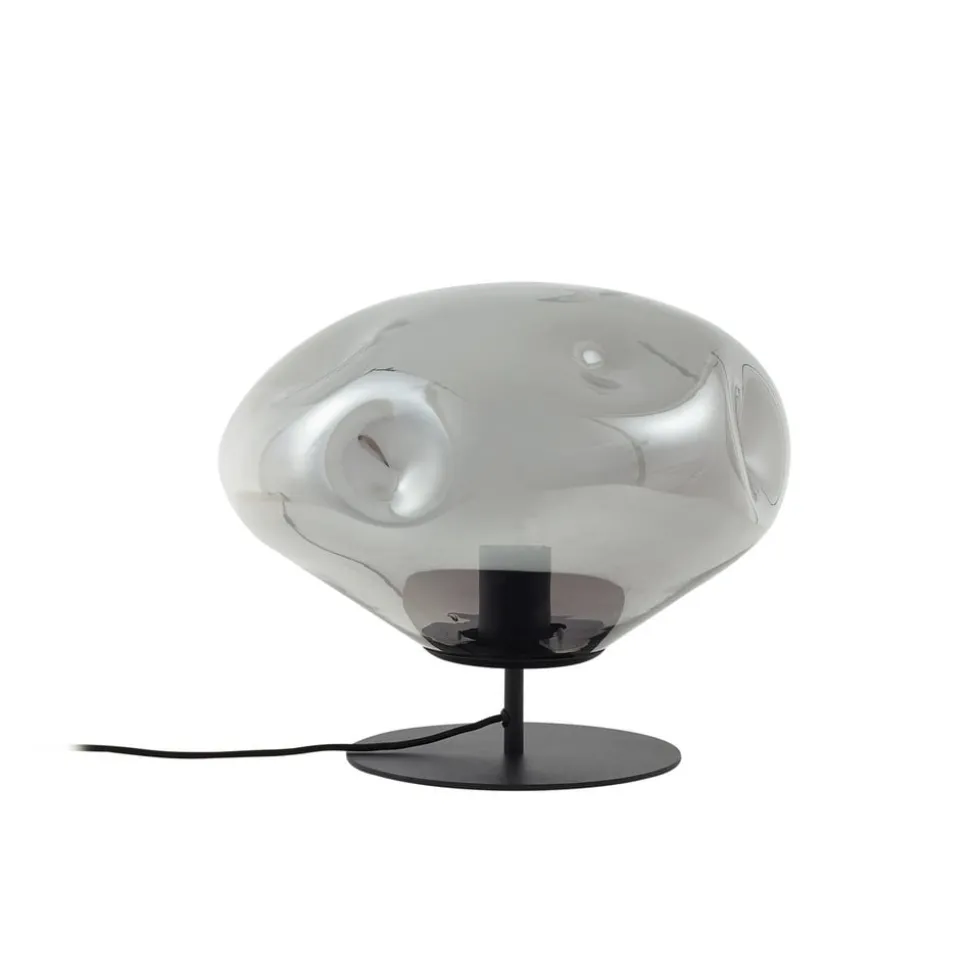 Lindby bordlampe Lelia, røykgrå, glass, metall, Ø 35 cm