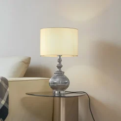 Lindby bordlampe Loraine, hvit/grå, glass, Ø 33 cm, E27