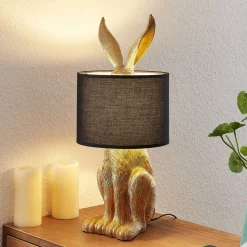 Lindby bordlampe Lorentina, høyde 57 cm, kanin, gull, tekstil