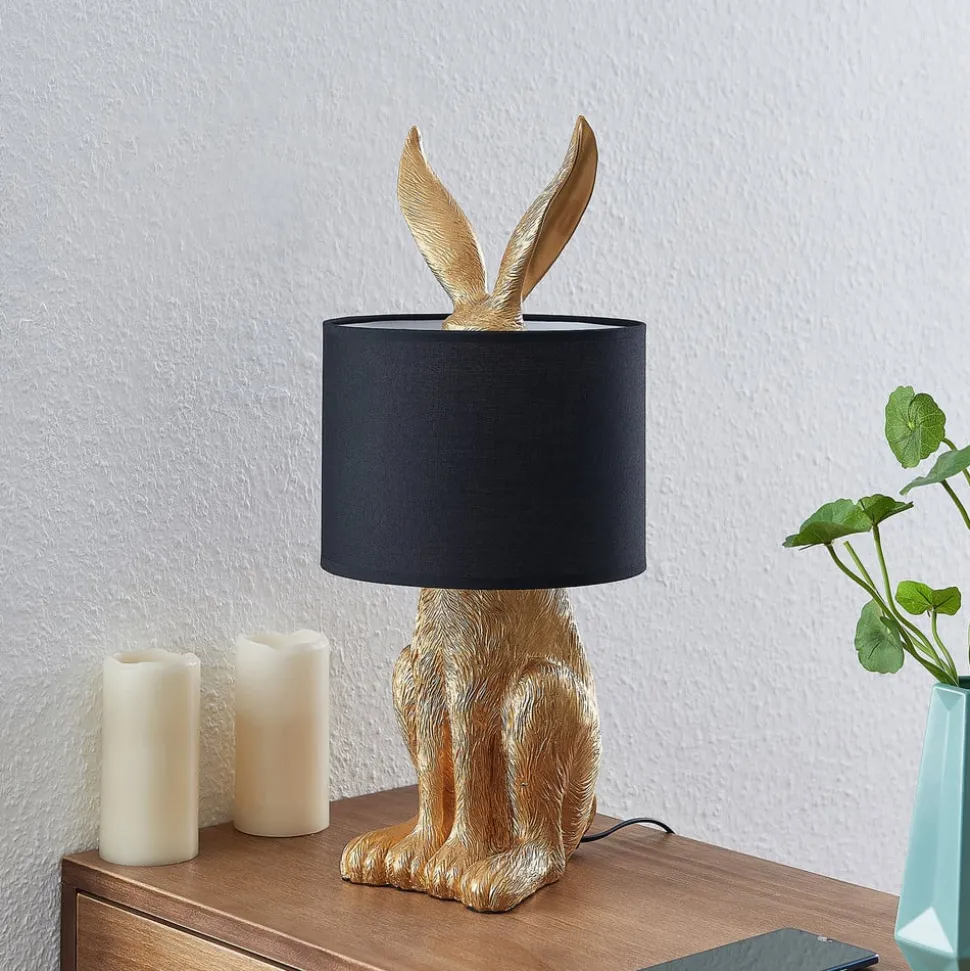 Lindby bordlampe Lorentina, høyde 57 cm, kanin, gull, tekstil