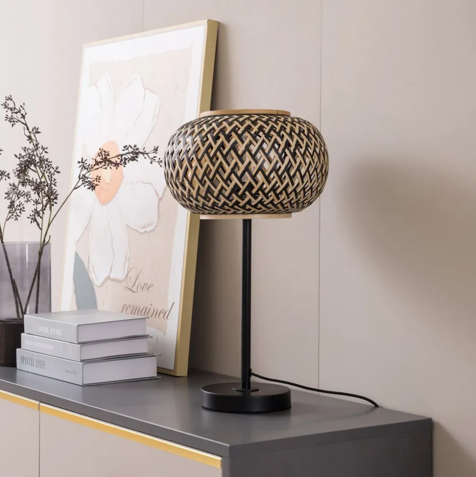 Lindby bordlampe Nerys, svart, bambus, Ø 28 cm