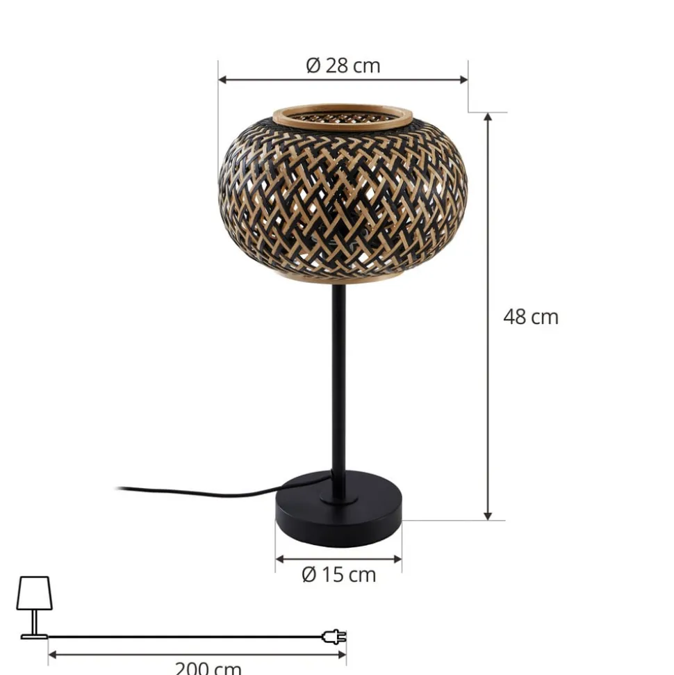 Lindby bordlampe Nerys, svart, bambus, Ø 28 cm