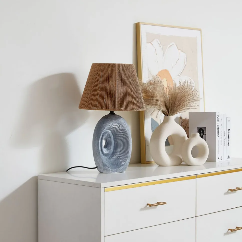 Lindby bordlampe Seasur, blågrå, keramikk, papir, 29 cm