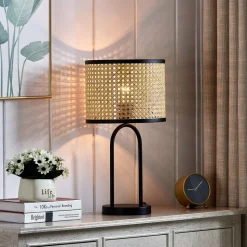 Lindby bordlampe Yaelle, 50 cm høy, rotting, svart, E27