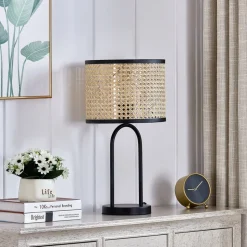 Lindby bordlampe Yaelle, 50 cm høy, rotting, svart, E27