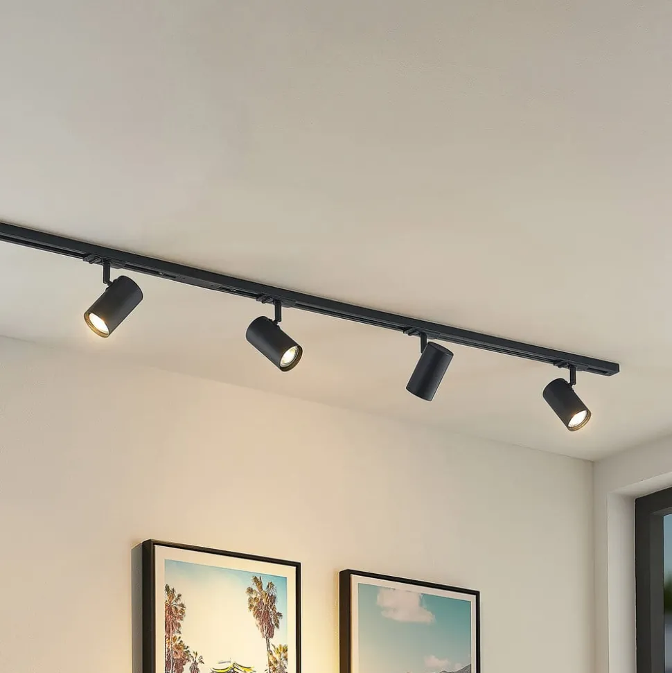 Lindby skinnesystem Linaro, GU10, 4 lyskilder, svart, Ø 6 cm