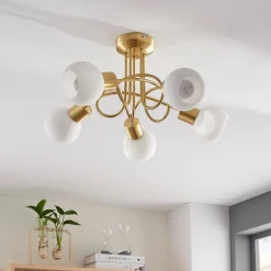 Lindby taklampe Elaina, Ø50cm, 5 lyskilder, messing, glass, E14