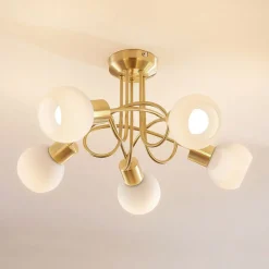 Lindby taklampe Elaina, Ø50cm, 5 lyskilder, messing, glass, E14