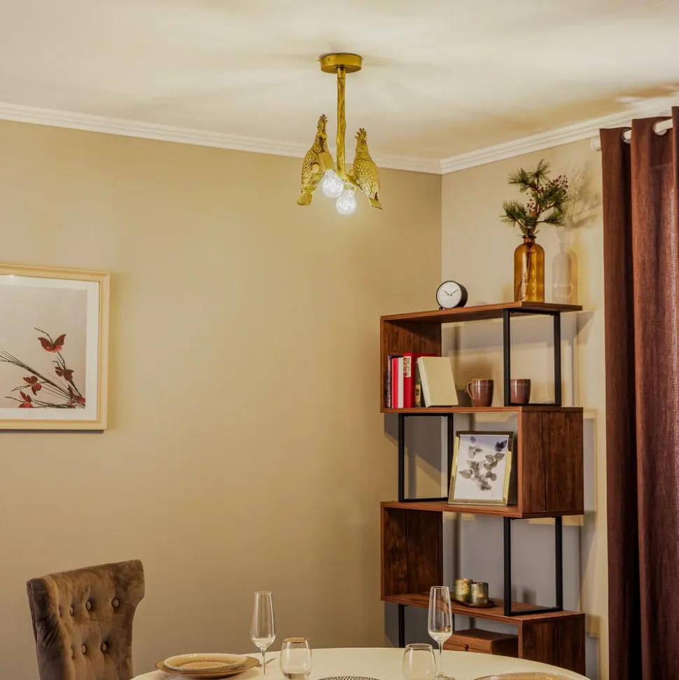 Lindby taklampe Nirvathia, papegøyer, messingfarget