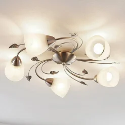 Lindby taklampe Yannie, 5 lyskilder, 60 cm, nikkel/hvit, glass