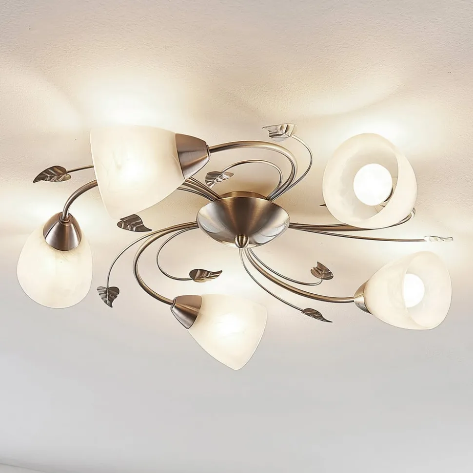 Lindby taklampe Yannie, 5 lyskilder, 60 cm, nikkel/hvit, glass