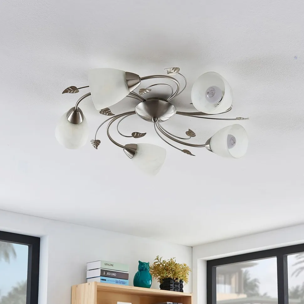 Lindby taklampe Yannie, 5 lyskilder, 60 cm, nikkel/hvit, glass