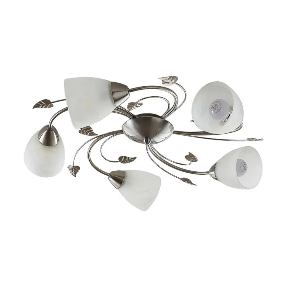 Lindby taklampe Yannie, 5 lyskilder, 60 cm, nikkel/hvit, glass