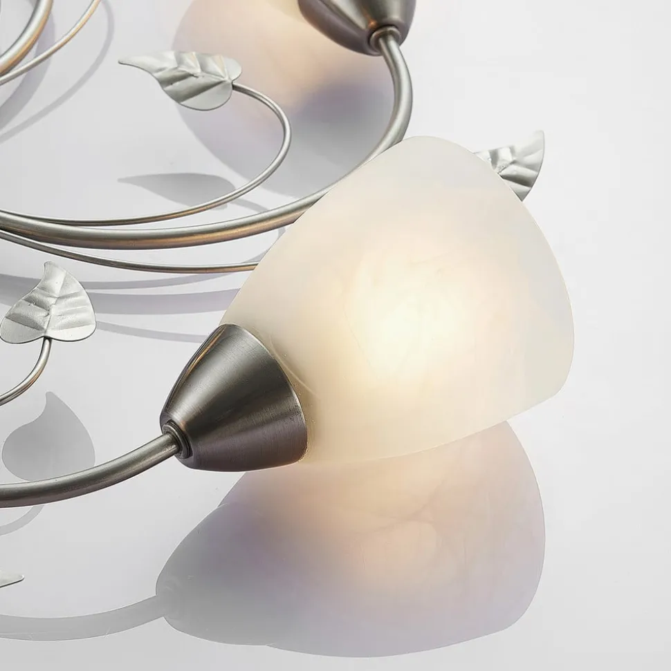 Lindby taklampe Yannie, 5 lyskilder, 60 cm, nikkel/hvit, glass