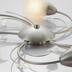 Lindby taklampe Yannie, 5 lyskilder, 60 cm, nikkel/hvit, glass