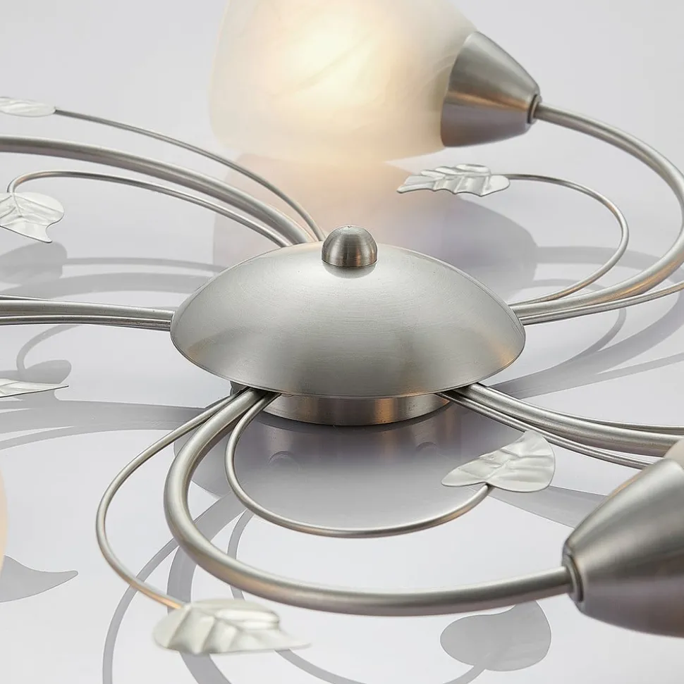 Lindby taklampe Yannie, 5 lyskilder, 60 cm, nikkel/hvit, glass