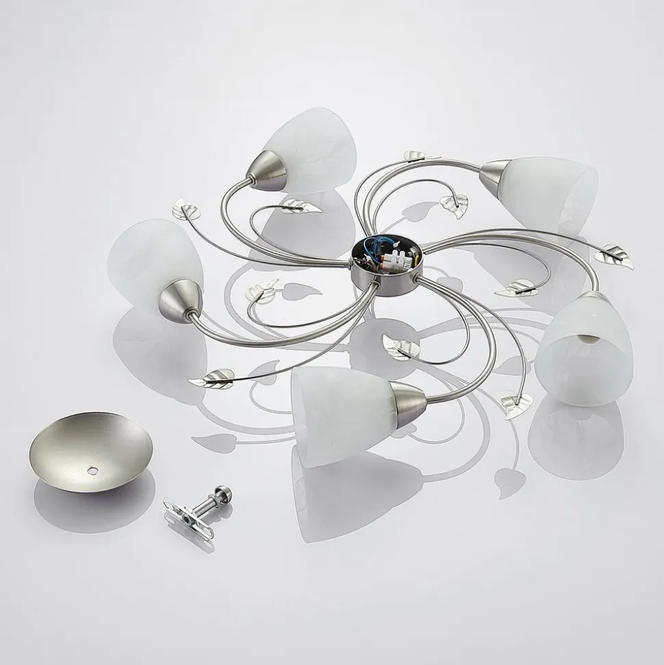 Lindby taklampe Yannie, 5 lyskilder, 60 cm, nikkel/hvit, glass