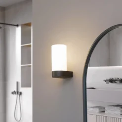 Lucande Basolo vegglampe til bad, svart, høyde 17,2 cm, glass