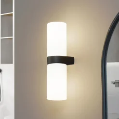 Lucande Basolo vegglampe til bad, svart, høyde 31,5 cm, glass