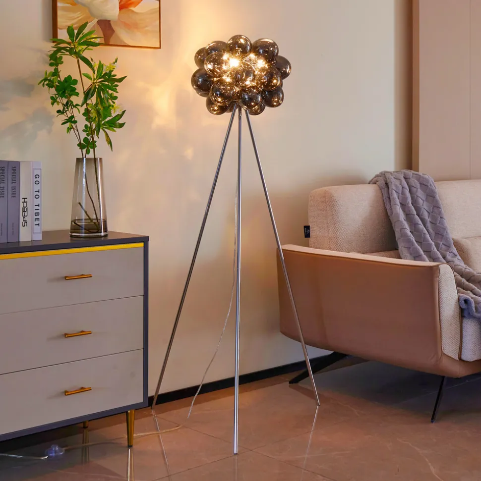 Lucande Gulvlampe Diborah, røykgrå, glass, 150 cm, G9