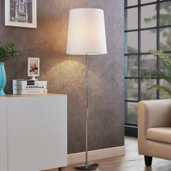 Lucande gulvlampe Pordis, 155 cm, krom, hvit, metall, tekstil