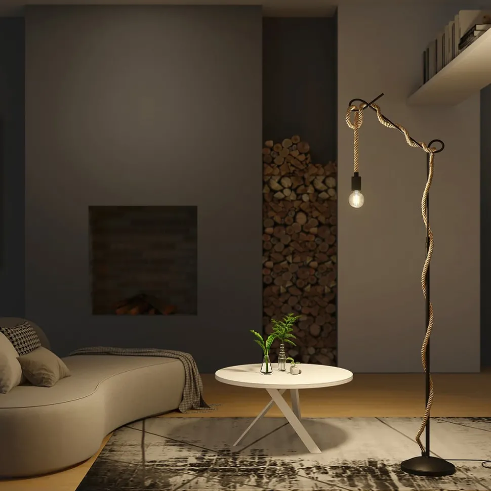 Lucande gulvlampe Ropina, høyde 180 cm, svart, hampetau