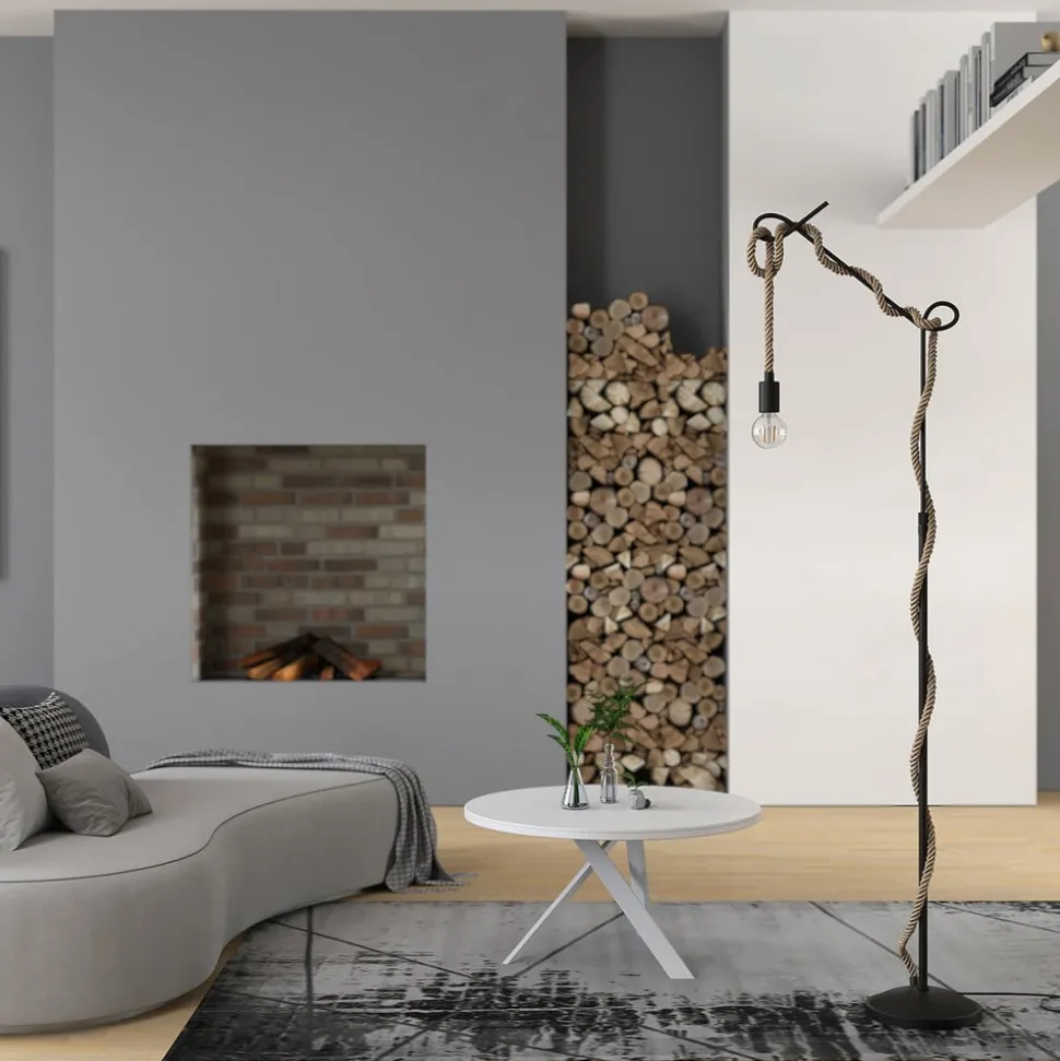 Lucande gulvlampe Ropina, høyde 180 cm, svart, hampetau